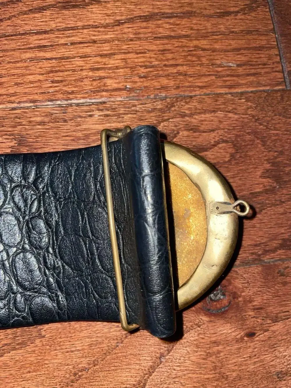 Vintage 80s Black Croc Wide Waist Belt Gold Sculptural Buckle Statement